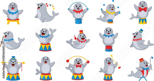 Cute Seal Circus Character Set with Cartoon Marine Animal Performing Tricks Juggling Balancing and Entertainment Show Illustration