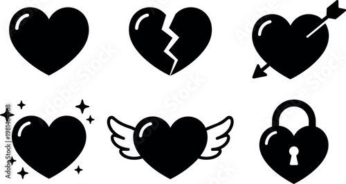 Black heart icons with broken arrow wings lock and sparkles vector art