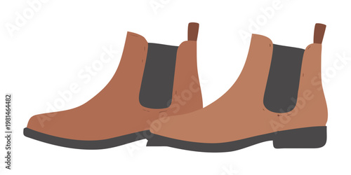A pair of tan ankle boots with dark gray soles and heels