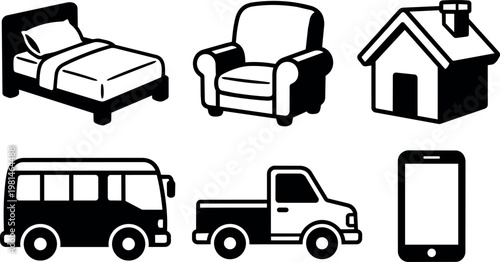 Black and white icons of bed armchair house bus pickup truck and mobile phone