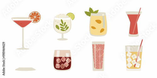 Colorful collection of various illustrated cocktail and beverage glasses