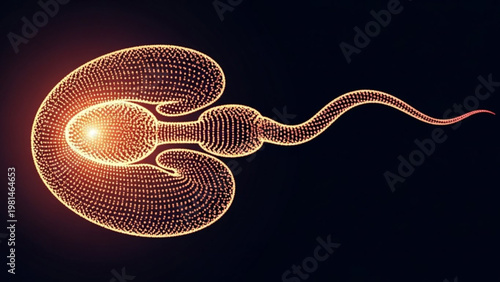 Abstract digital visualization of a human sperm cell, depicting its intricate structure and potential for new life, rendered with glowing particles against a dark background