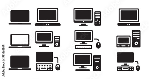 Diverse set of computer icons, featuring laptops, desktops, and full system setups with peripherals.