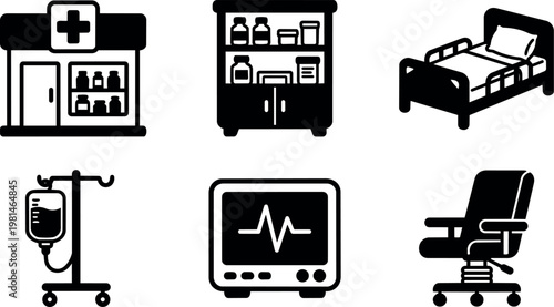 Black and white medical icons hospital pharmacy bed iv drip monitor and chair