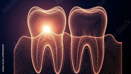 World Oral Health Day Dental health and anatomy concept glowing digital outline of teeth with roots visible, symbolizing oral care and dental technology