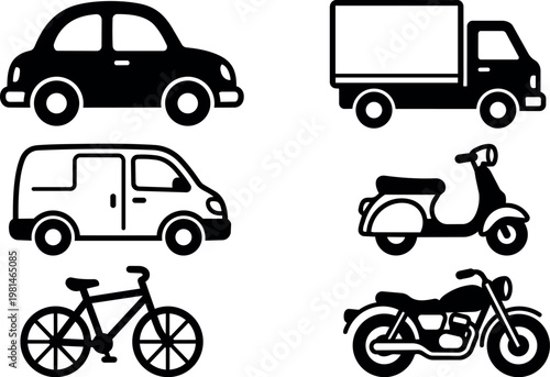Black and white icons of bicycle car delivery truck scooter and motorcycle