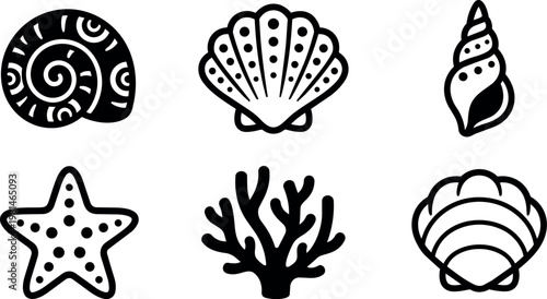 Various sea shells coral and starfish vector icons