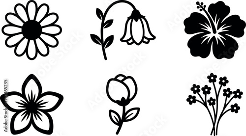 Black and white silhouette floral icons including daisy bell hibiscus lily rose and small flower bouquet