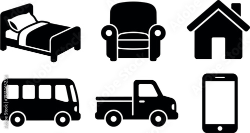 Black and white icons of bed armchair house van pickup truck and smartphone