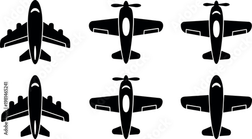 Black airplane and propeller aircraft icons in top view vector art