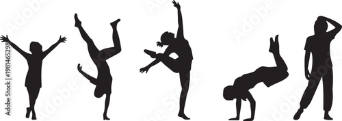 Kids action silhouettes set with children running, jumping and playful poses, Active Children Poses Collection