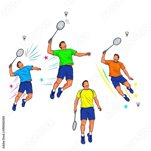 Badminton players jumping and hitting shuttlecock, dynamic action, sports illustration