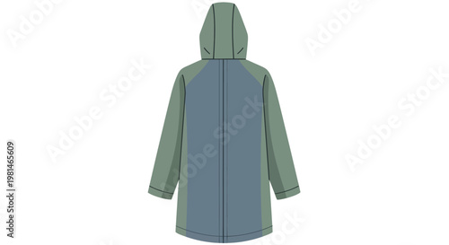 Back view of a green and blue hooded raincoat, studio shot