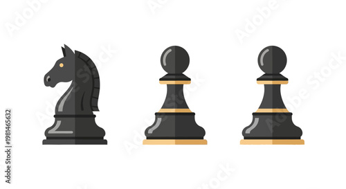 Black Chess Pieces: Knight and Pawns on White Background, Flat Design
