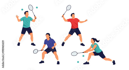 Badminton Players in Action: Doubles Match with Dynamic Poses and Shuttlecocks