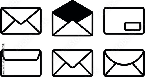 Black mail envelope icon set with six different styles