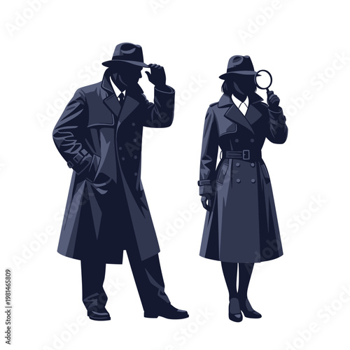 Detective Couple in Trench Coats, Noir Style, Investigating Mystery