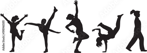 Kids action silhouettes set with children running, jumping and playful poses, Active Children Poses Collection