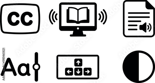 Black and white icons for closed caption screen reader text and accessibility controls