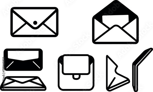 Black and white mail envelope icons with various shapes and angles