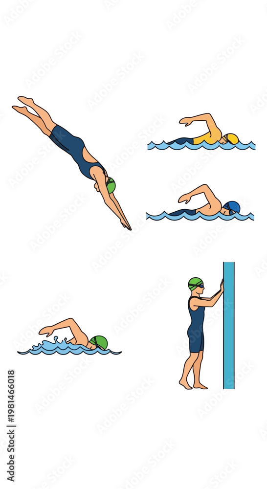 Fototapeta premium Swimmer Diving, Swimming, and Pushing Off Wall - Multi-Action Sports Illustration