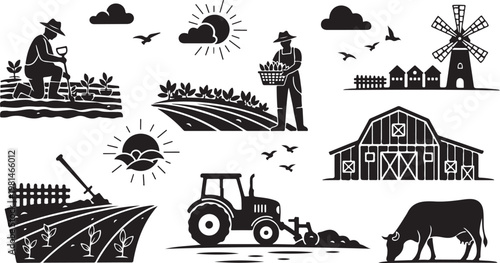 Farm Life and Agriculture Silhouette Illustrations Set