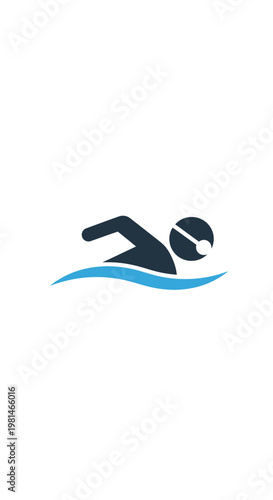 Swimmer Icon Silhouette Over Blue Waves, Swimming Sport and Recreation Concept