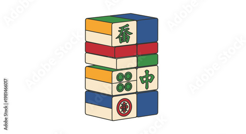 Stack of Mahjong Tiles with Chinese Characters and Symbols