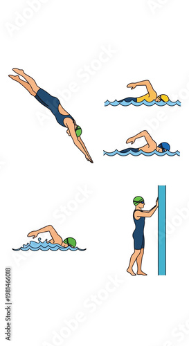 Swimmer Diving, Swimming, and Pushing Off Wall - Multi-Action Sports Illustration