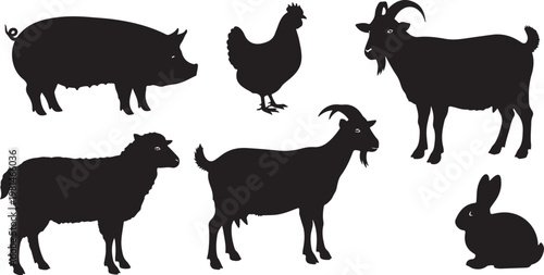 Black silhouettes of farm animals on white background illustration