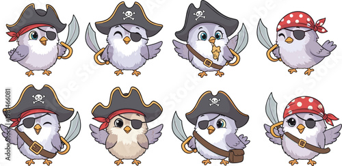 Cute Pirate Owl Character Set with Cartoon Birds Wearing Hat Eyepatch Sword and Treasure Adventure Costume Illustration