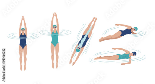 Swimming strokes illustration: backstroke, dive, freestyle, breaststroke