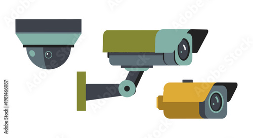 Surveillance Security Cameras Set: Dome, Bullet, Box Types - Technology Concept