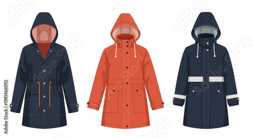 Three Hooded Raincoats in Different Colors: Navy Blue, Orange, and Dark Blue with Reflective Stripes