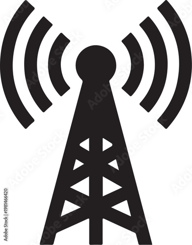 Black Radio Tower Broadcasting Signal Icon on White Background