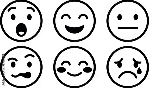 Black and white simple emoji faces showing various emotions vector art