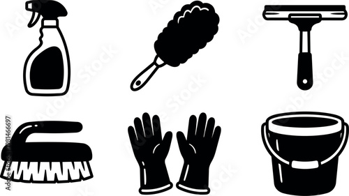 Cleaning spray bottle brush gloves squeegee and bucket