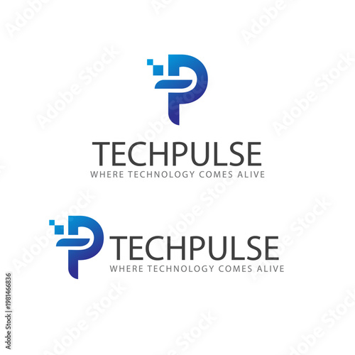 A modern logo design for Techpulse, a technology company with a blue and black color scheme.