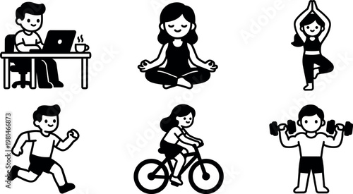 Black and white icons of people working running cycling meditating and exercising with dumbbells