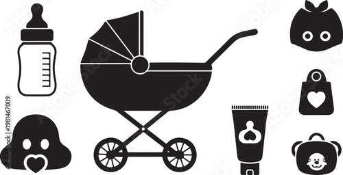 Baby Stroller and Accessories Icon Set in Black Color