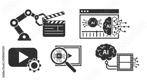A set of black and white vector icons representing artificial intelligence and filmmaking