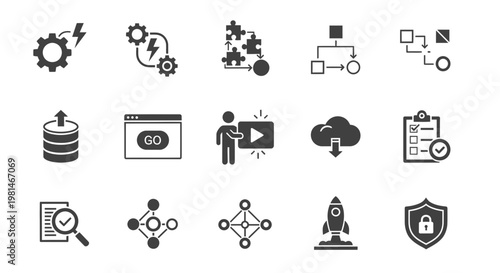 A set of black and white vector icons representing various business and technology concepts