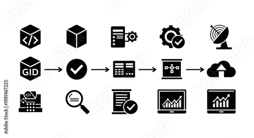 A vector graphic illustrating the process of software development and deployment in a modern, flat design style.