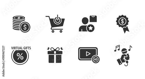 A set of modern black and white vector icons representing e-commerce and online shopping concepts