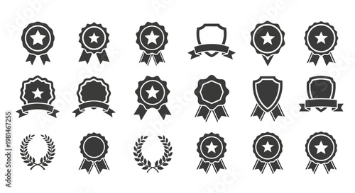 A set of black and white vector graphic icons featuring various award ribbons and laurels on a plain white background