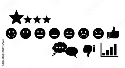 A set of black vector icons depicting various emotions and ratings on a white background