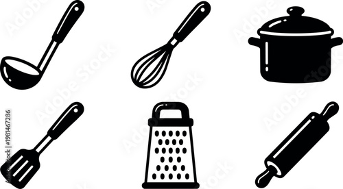Black and white kitchen utensils ladle whisk pot spatula grater rolling pin vector art