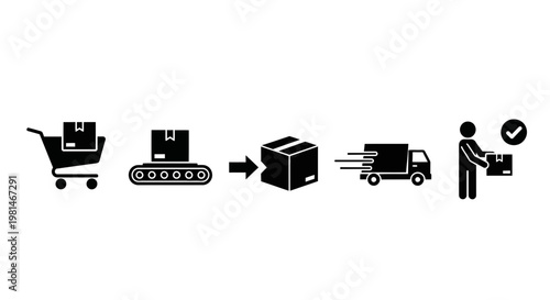 A vector graphic illustrating the process of online shopping and delivery