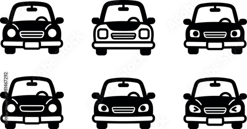 Black and white front view car icons set with varied headlight shapes