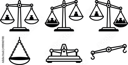 Black and white vintage scales balance and hanging weight icons vector art